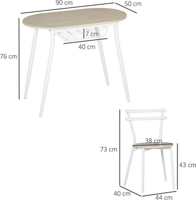 Sedie E Tavolo Da Pranzo, Set 3 Pezzi Con 2 Sedie E Tavolo Ovale Con Ripiano Portaoggetti, in MDF E Acciaio, Color Legno