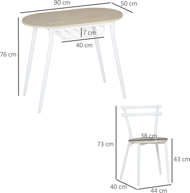 Sedie E Tavolo Da Pranzo, Set 3 Pezzi Con 2 Sedie E Tavolo Ovale Con Ripiano Portaoggetti, in MDF E Acciaio, Color Legno