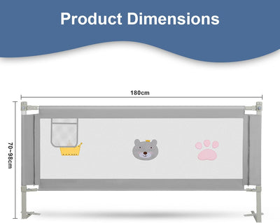 Griglia Di Protezione per Letto Da 180 Cm, Altezza Regolabile 70-98 Cm, Griglia Di Protezione per Il Letto per Bambini, Con Rete Traspirante, Stabile E Facile Da Montare, Colore: Grigio