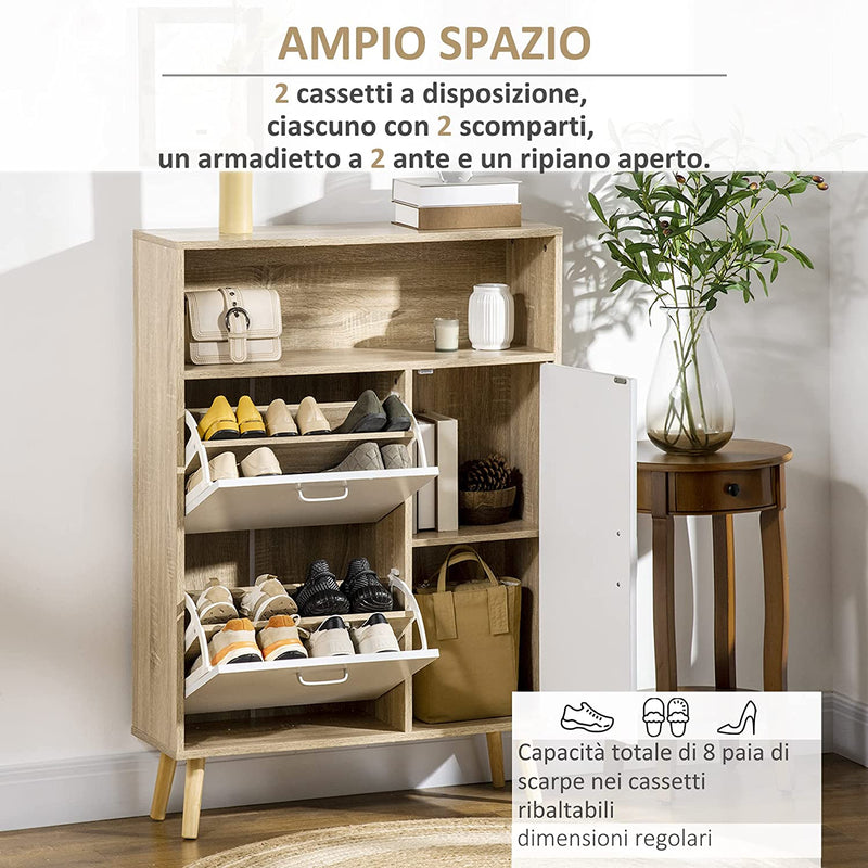 Mobile Scarpiera Salvaspazio per 8 Paia Di Scarpe Con 2 Ante, Armadietto E Vano Aperto in Legno, 80X25.5X112.5Cm, Bianco