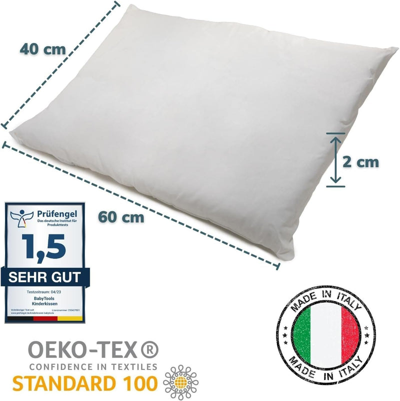 Cuscino Lettino Bambino (100% Made in Italy E OEKO-TEX®) - Cuscino Bambino Morbido 40X60 Cm - Cuscino per Bambini Sottile, Traspirante, Antiacaro Con Federa 100% Cotone