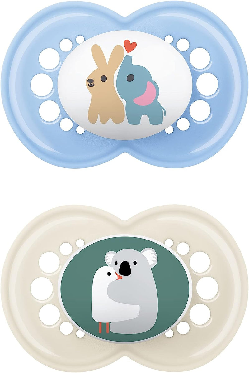 Istruzioni in Lingua Straniera  Ciuccio Originale in Silicone, Set Da 2, Ciuccio Adatto Ai Denti per Bambini, in Silicone Skinsoft Con Scatola per Ciuccio, 6-16 Mesi, Elefante/Koala, Blu E Beige