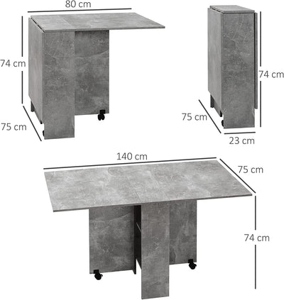 Tavolo Pieghevole in Legno per 4-6 Persone, Tavolo Da Pranzo Richiudibile Con Ruote, 75X140X74Cm, Grigio