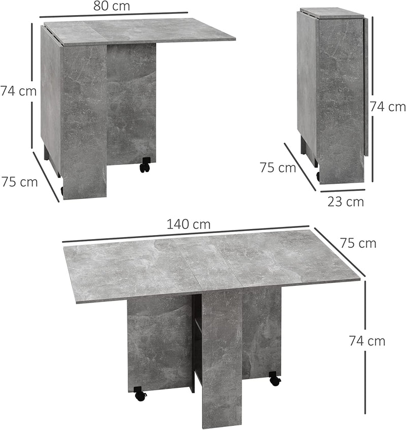 Tavolo Pieghevole in Legno per 4-6 Persone, Tavolo Da Pranzo Richiudibile Con Ruote, 75X140X74Cm, Grigio