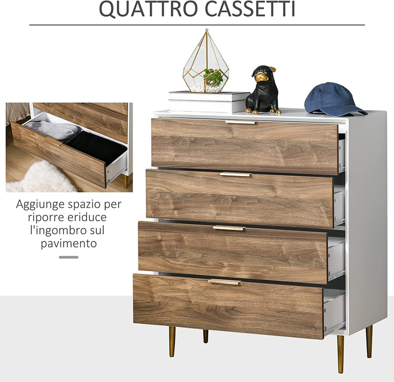 Cassettiera 4 Cassetti Con Maniglie E Piedini, Arredamento Moderno Casa in Legno 80X40X93.5Cm Bianco E Noce