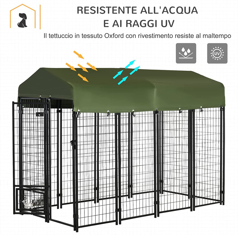 Kennel per Cani in Acciaio per Interni Ed Esterni Con Tettuccio in Tessuto Oxford E 2 Ciotole, 244X122X183 Cm, Nero E Verde Scuro