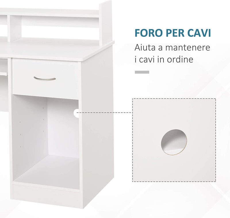 Scrivania Compatta per Computer Fisso PC in Legno Bianco Con Ripiano Tastiera Estraibile E Mensole 104X48X95.5Cm