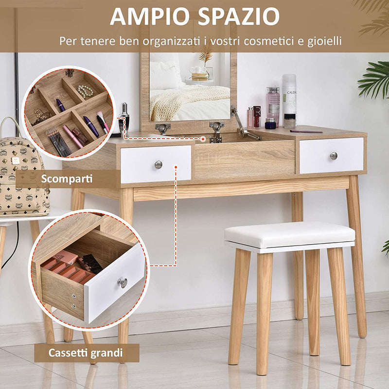 Tavolo Da Trucco Moderno Con Specchio Estraibile, Organizer Gioielli, 2 Cassetti E Sgabello, Color Legno