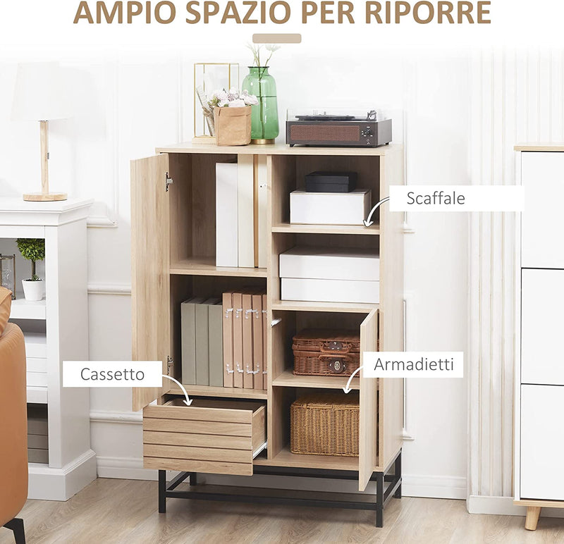 Mobiletto Moderno Da Soggiorno a Coste Con Un Cassetto, 2 Armadietti E 2 Ripiani Aperti in MDF E Acciaio, 75X40X120 Cm, Color Legno