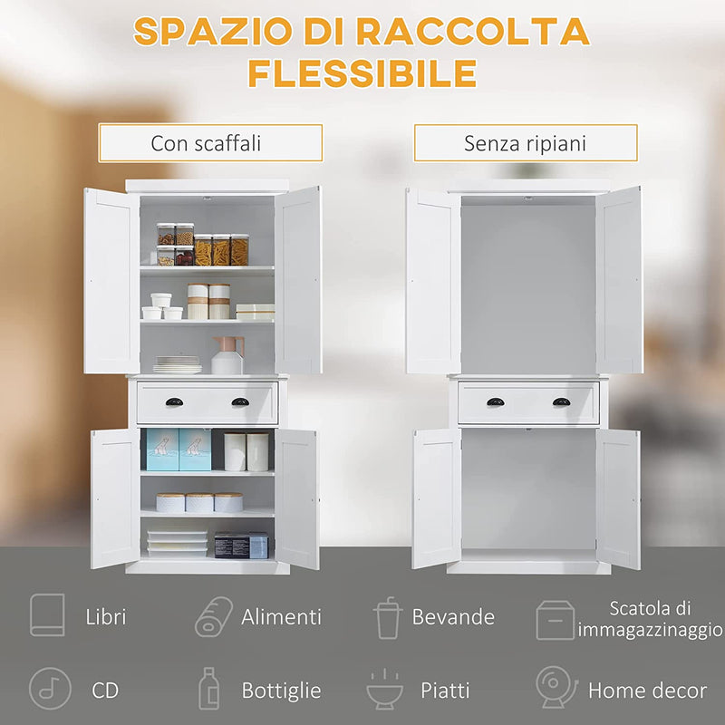 Mobile Cucina Con Armadietto Superiore E Inferiore E Cassetto Centrale in MDF, Truciolato E Metallo, 76X40.5X184Cm, Bianco