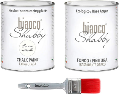 CHALK PAINT Bianco Naturale & FINITURA + PENNELLO - Pittura Shabby Chic EXTRA OPACA (1 Litro) + Finitura Trasparente Opaco (1 Litro) + 1 Pennello Pro 40 Mm