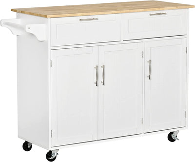 Carrello Da Cucina Multiuso Con 2 Cassetti, 3 Antine E 4 Ruote, in Legno E MDF, 121X46X91Cm, Bianco