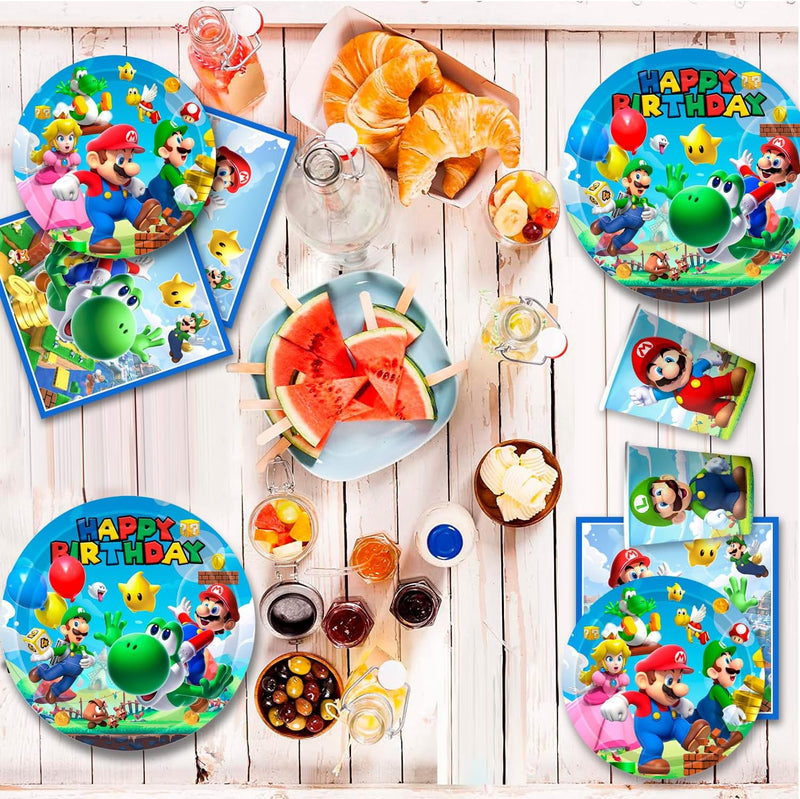 Stoviglie Super Mario Compleanno, 161Pcs Kit Compleanno Super Mario Includere Piatti Super Mario Compleanno Tovagliolo Bicchieri Tovaglia Etc Forniture per Decorazioni Compleanno Super Mario