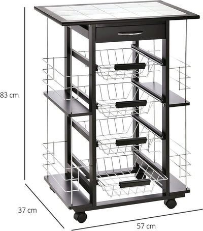 Carrello Da Cucina Salvaspazio Con 1 Cassetto, 4 Cesti Estraibili, 4 Ripiani, Legno Di Pino E Metallo, 57X37X83Cm