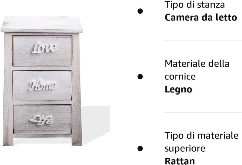 Rebecca SRL Comodino Mobiletto Con 3 Cassetti Bianco Grigio Shabby Chic Camera Arredo Casa (Cod. RE4565)