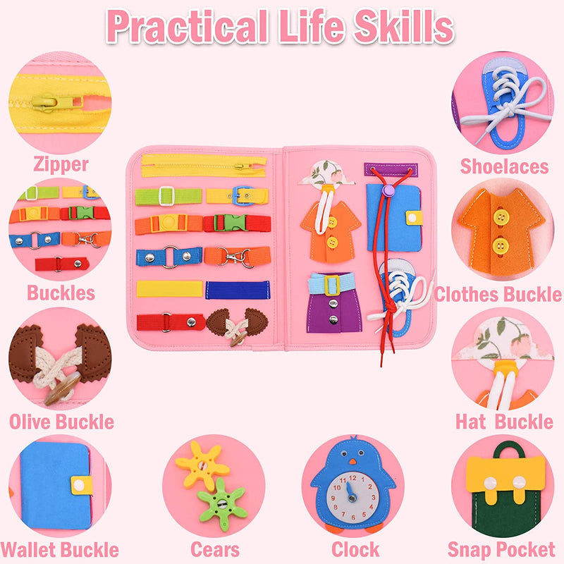 Busy Board per Bambini, 4 Strati Portatile Giochi Montessori, Rosa Pannello Sensoriale Montessori Activity Board, Giochi Educativi 1 2 3 4 Anni Con Fibbie,Cerniere,Bottoni,Orologio,Alfabeto