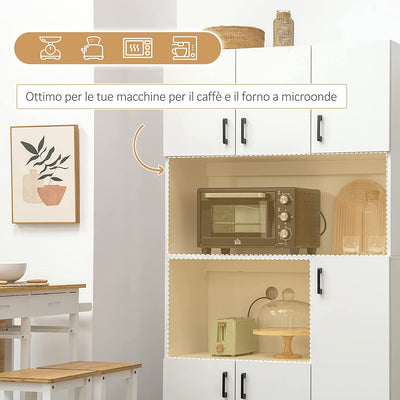 Mobile Dispensa Alto in Truciolato Con 6 Armadietti E 2 Ripiani Aperti, per Cucina, Sala Da Pranzo E Soggiorno 100X40X180 Cm, Bianco