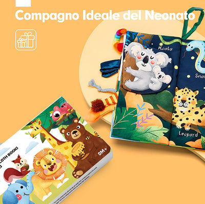 Libri Di Stoffa per Neonati 0 3 6 Mesi, Libro Sensoriali Con 10 Code Della Giungla, Giochi Da Passeggino Libro Interattivo per Tummy Time