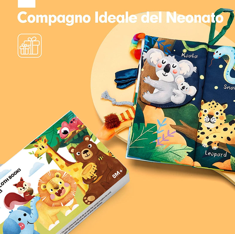 Libri Di Stoffa per Neonati 0 3 6 Mesi, Libro Sensoriali Con 10 Code Della Giungla, Giochi Da Passeggino Libro Interattivo per Tummy Time