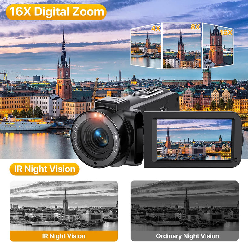 Videocamera Digitale FHD 1080P Camcorder 30FPS Vlogging Camera per Youtube 16X Zoom Digitale E IR Visione Notturna 3.0" IPS Schermo Videocamera Camcorder Con 2 Batterie E Telecomando