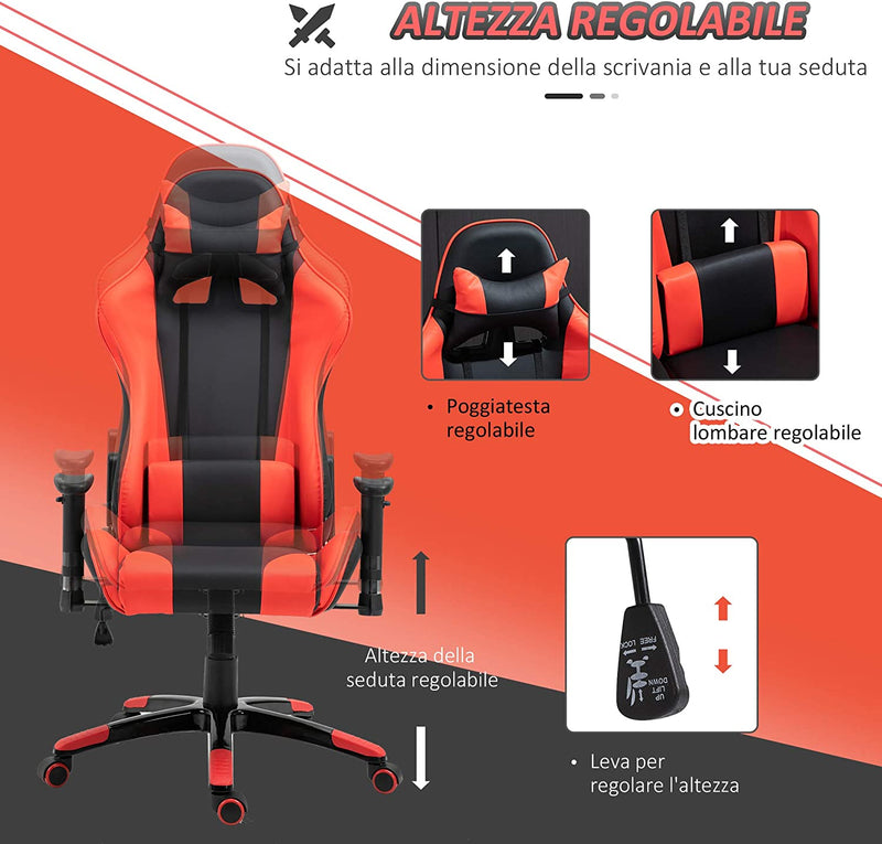 Sedia Gaming Professionale Girevole，Sedia Da Ufficio Reclinabile Con Sostegno Lombare E Collo PVC 67 X 67 X 123-132Cm Nero-Rosso