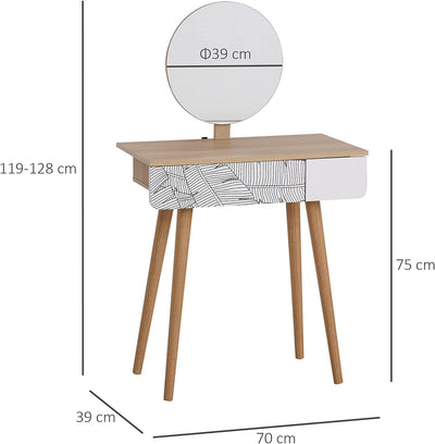 Tavolo Da Trucco Con Specchio Circolare Ф39Cm E Cassetto Con Decorazione Jungle, Bianco E Rovere, 70X39X119-128Cm