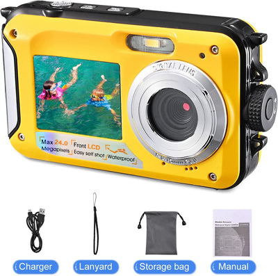 Fotocamera Subacquea, Full HD 2.7K 48MP Impermeabile Fotocamera Digitale Con Microfono LED Luce Di Riempimento Parco Acquatico the Sea per Bambini Ragazzi Ragazze Regalo Giallo