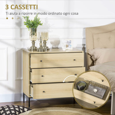 Mobile Cassettiera Moderna, Arredamento Salvaspazio a 3 Cassetti in Legno E Acciaio per Soggiorno, 80X40X78Cm