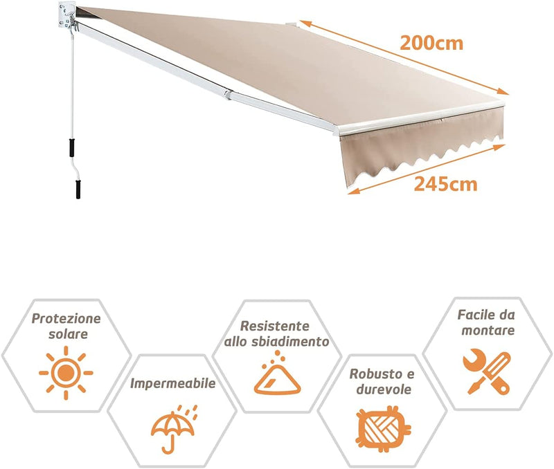 Tenda Da Sole per Esterno Avvolgibile 2,45 X 2 M, Tenda Da Sole a Bracci Estensibili Con Telaio in Alluminio E Tettuccio Resistente Al Sole E Impermeabile E Manovella (245 X 200 Cm Beige)