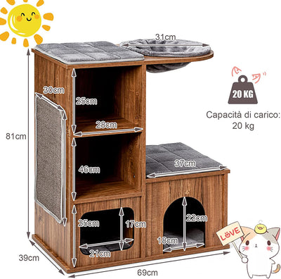 Tiragraffi per Gatti in Legno, Tiragraffi per Gatti Con Amaca, Cuccia, Piattaforme, Ripiani, Tiragraffi E Cuscini Morbidi, Con Portata Di 20 Kg, 69 X 39 X 81Cm, Marrone