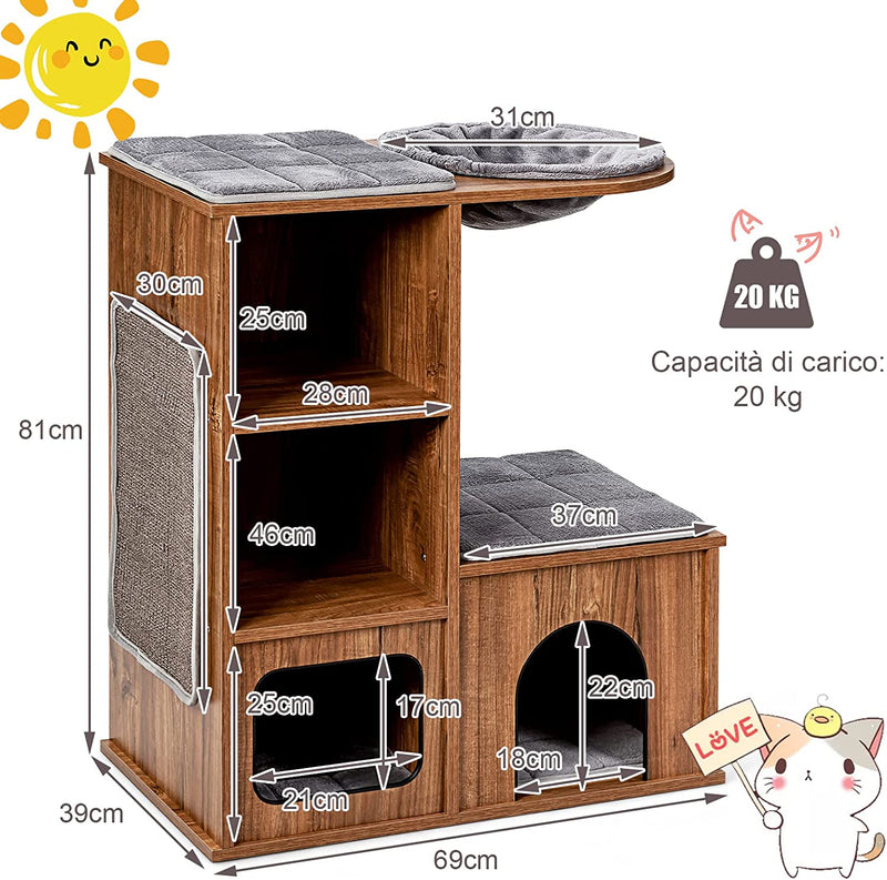 Tiragraffi per Gatti in Legno, Tiragraffi per Gatti Con Amaca, Cuccia, Piattaforme, Ripiani, Tiragraffi E Cuscini Morbidi, Con Portata Di 20 Kg, 69 X 39 X 81Cm, Marrone