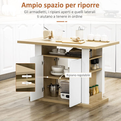 Tavolo Da Cucina per 4-6 Persone, Tavolo Da Pranzo Con Armadietti 2 Ante E Mensole, 110X70X75.5Cm, Bianco E Legno