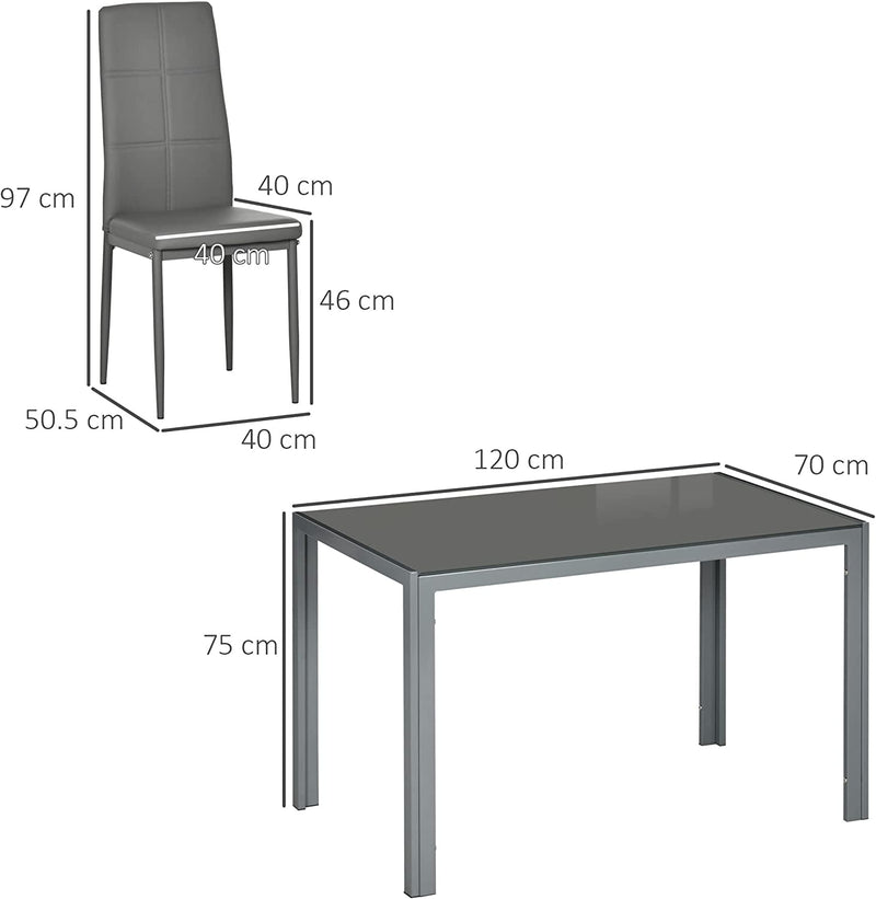 Set Da Pranzo 5 Pezzi Con 1 Tavolo Da Pranzo E 4 Sedie Moderne per Cucina O Sala Da Pranzo in Similpelle, Metallo E Vetro Temperato, Grigio