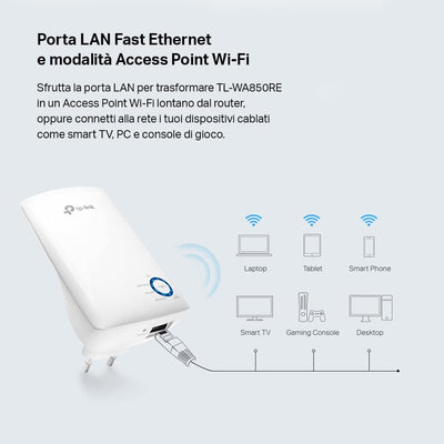 TL-WA850RE Ripetitore Wireless Wifi Extender E Access Point, Velocità Single Band 300Mbps, Porta LAN, Potenzia La Tua Copertura Wi-Fi, Compatibile Con Tutti I Modem Router Wifi, Bianco