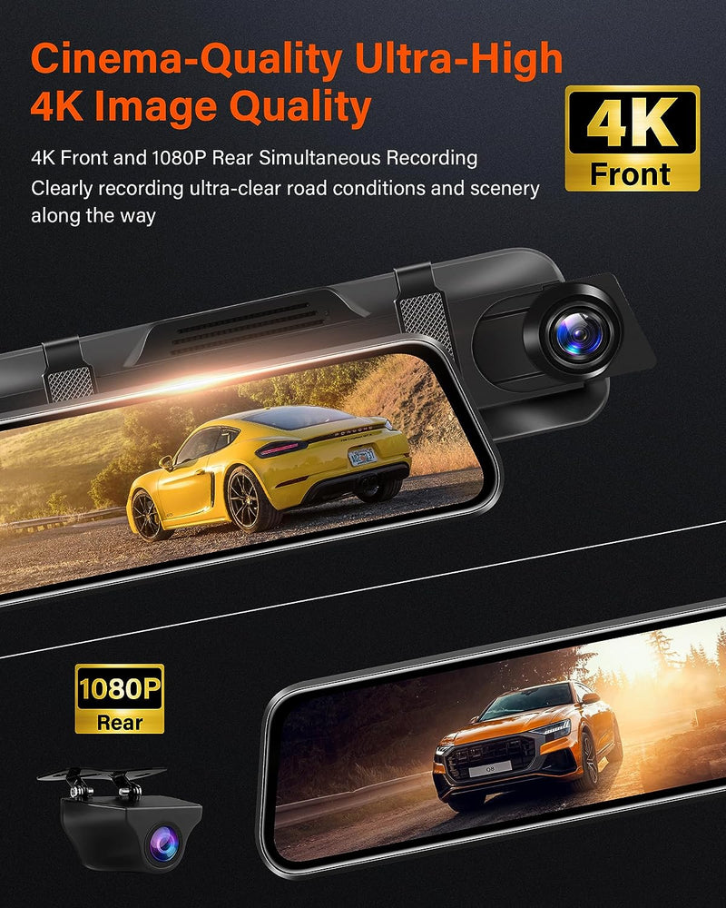 【2023 Nuovo】4K Dash Cam Specchietto 10" Dashcam Retrovisore Telecamera per Auto Con 170° Grandangolo IP69 Impermeabile Specchio Retrovisore Auto Super Visione Notturna G-Sensor Scheda SD Da 64 G