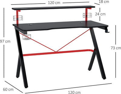 Scrivania Da Gaming Con Ripiano Monitor, Scrivania per Computer Porta PC Con Gancio E Portabicchieri Nera E Rossa, 120X60X97Cm