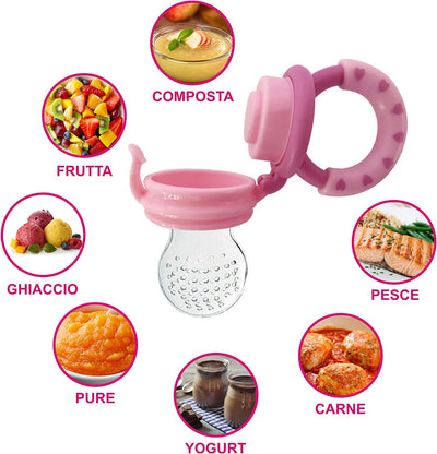 Ciuccio Frutta Neonati | 1 Ciuccio Frutta + 3 Taglie Di Tettarelle Silicone Senza BPA [3 a 24 Mesi] + Manuale D'Uso + Guida GRATUITA | Allevia Il Dolore Alle Gengive | Ciuccio per Frutta Neonati Rosa