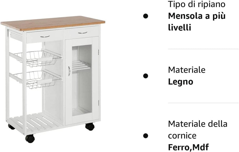 Carrello Da Cucina Rotelle, Cassetti E 2 Cesti in Legno Di Pino, Bianco, 70 X 37 X 85Cm