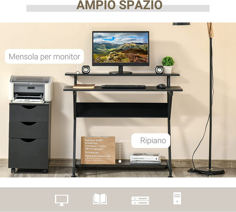 Tavolo Porta PC Salvaspazio Con Ripiano Monitor Rialzato, Scrivania per Computer Da Ufficio in Legno, 100X60X85.5Cm, Nero