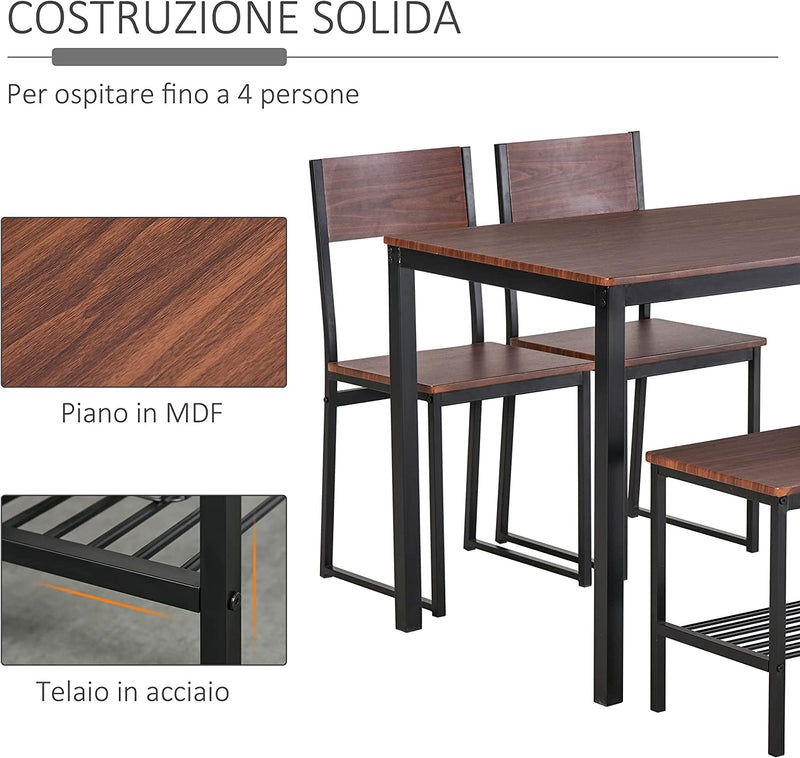 Set Tavolo Da Pranzo Con 2 Sedie Stile Industriale E Panca 2 Posti in Legno E Metallo per Soggiorno E Cucina Nero E Marrone