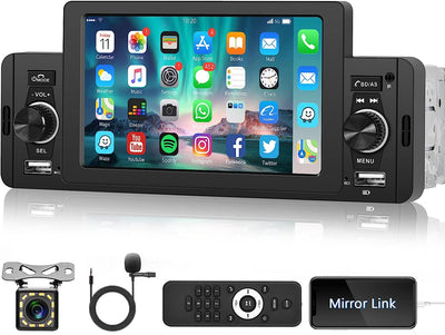 Autoradio 1 Din Con Schermo Bluetooth 5 Pollici Touch Screen Universale 1 Din Auto Stereo Vivavoce Mirror Link FM Radio Supporta Usb/Aux-In/Sd Card/Swc + Telecamere Retromarcia Lettore MP5