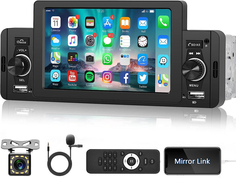 Autoradio 1 Din Con Schermo Bluetooth 5 Pollici Touch Screen Universale 1 Din Auto Stereo Vivavoce Mirror Link FM Radio Supporta Usb/Aux-In/Sd Card/Swc + Telecamere Retromarcia Lettore MP5