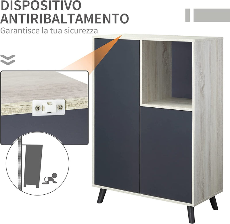 Libreria Moderna in Legno Con 2 Ante E Vano Aperto, Mobile Multiuso per Soggiorno, Camera Da Letto, Ufficio, Grigio Scuro