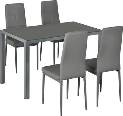 Set Da Pranzo 5 Pezzi Con 1 Tavolo Da Pranzo E 4 Sedie Moderne per Cucina O Sala Da Pranzo in Similpelle, Metallo E Vetro Temperato, Grigio