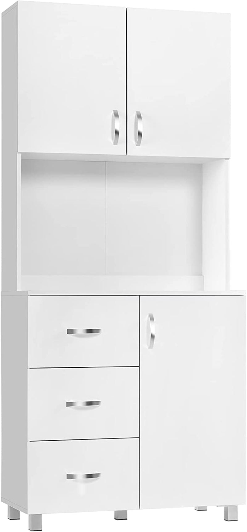 Credenza Moderna in Legno Bianco Con 2 Armadietti, Mensole Regolabili, 1 Ripiano Aperto E 3 Cassetti, 80X39.5X183.5Cm