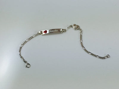 Bracciale Con Incisione Nome per Neonati/Bambini - Argento 925 Con Cuore Rosso E Angioletto / 16 Cm/Completo Con Scatola Da Regalo