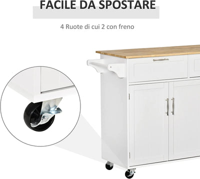 Carrello Da Cucina Multiuso Con 2 Cassetti, 3 Antine E 4 Ruote, in Legno E MDF, 121X46X91Cm, Bianco