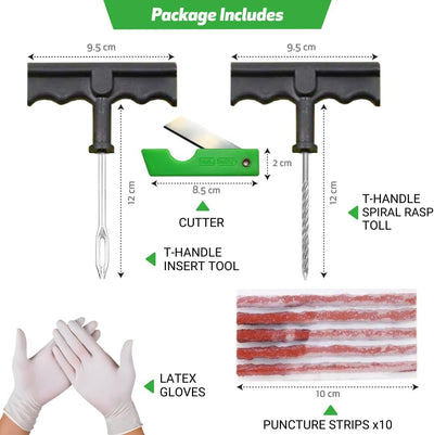 Kit Riparazione Pneumatici Auto, Moto, Riparazione in 15 Min, Ripara Gomme Auto, Valido per Tutti I Tipi Di Pneumatici, Composto Da 5 Tasselli, 2 Strumento a T E Cutter (Impugnatura Ergonomica)