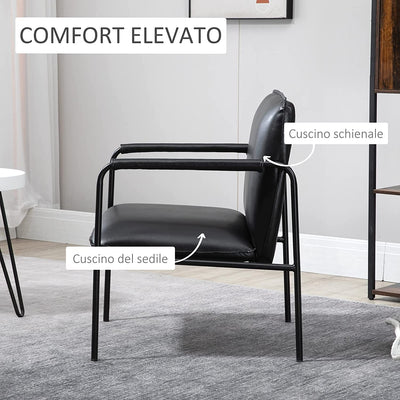 Poltroncina Da Camera in Finta Pelle PU E Acciaio, Poltrona Imbottita in Stile Industriale per Salotto E Ufficio, 60X59X78Cm, Nero