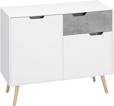 Mobile Da Salotto Con 2 Armadietti a 2 Ante E Cassetto, Credenza Moderna Mobiletto Multiuso in Truciolato E Legno Di Pino, 98X39X81.5 Cm, Grigio E Bianco